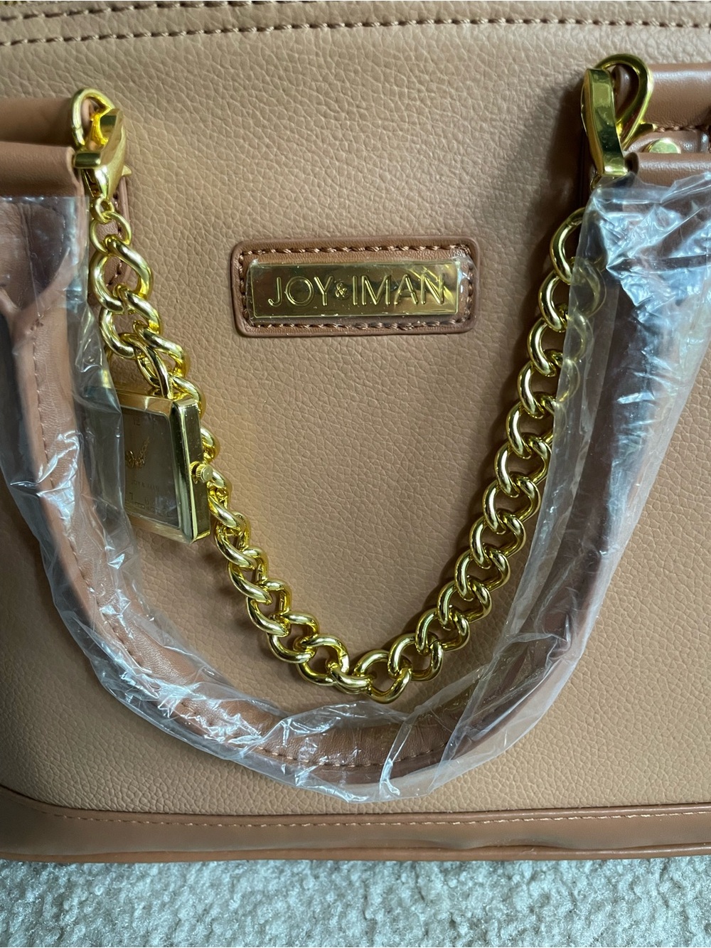 💙 Joy & Iman Beige Faux Leather Satchel with Gold Chain & Watch‎ Accent
